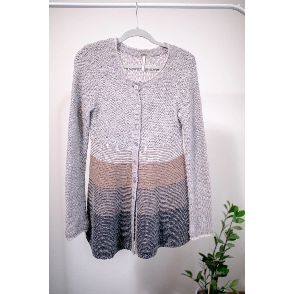 Free People Wool Angora Blend Color Block Tiered Button Front Cardigan Sweater M